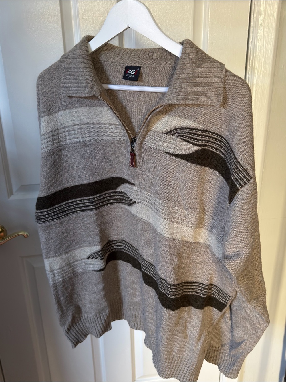 Taupe Half-Zip Wool Sweater with Wave Stripe